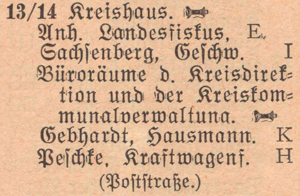 Adressbuch 1930, Zerbster Straße 13 und14 / Kreisdirektionsgebäude